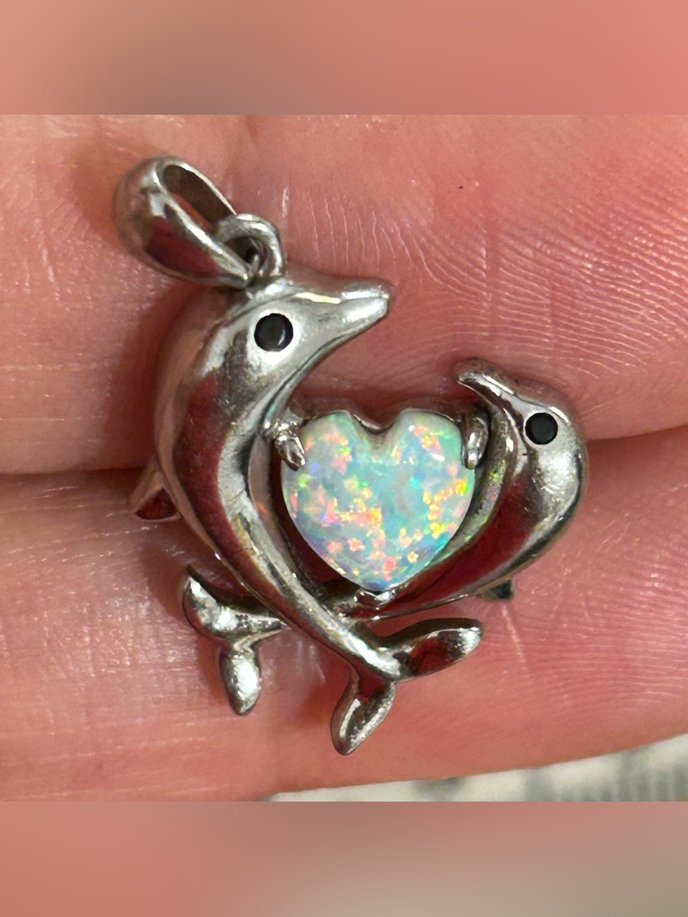 Sterling Dolphin Heart Opal Pendant